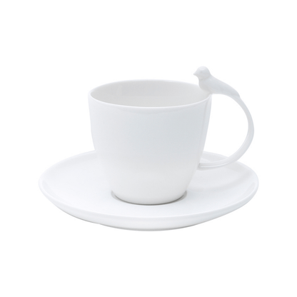 Jogo 6 Xicaras de Cha Porcelana com Pires Birds Branco 200ml
