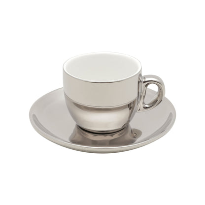 Jogo De Xícaras Luxo Para Café Com Pires e Suporte Wolff 90ml Prata e Branco