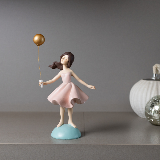 Figura Decorativa Boneca com Balão de Resina 22cm