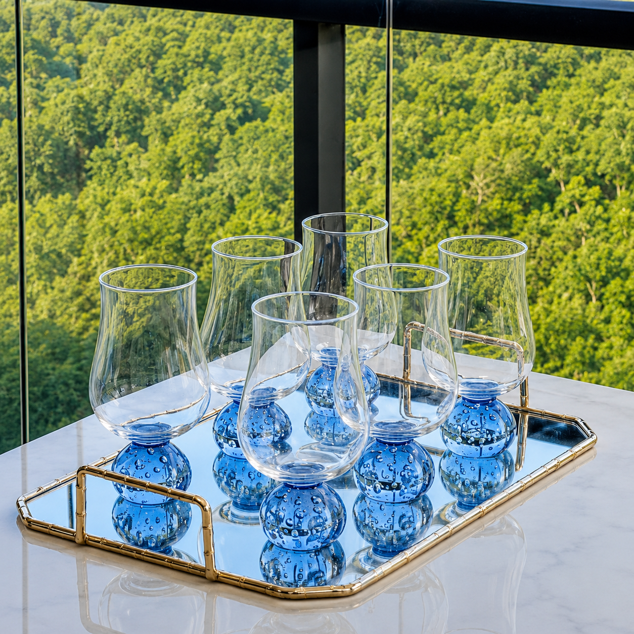 Jogo 6 Taças Base Esfera para Vinho Azul e Transparente 440ml