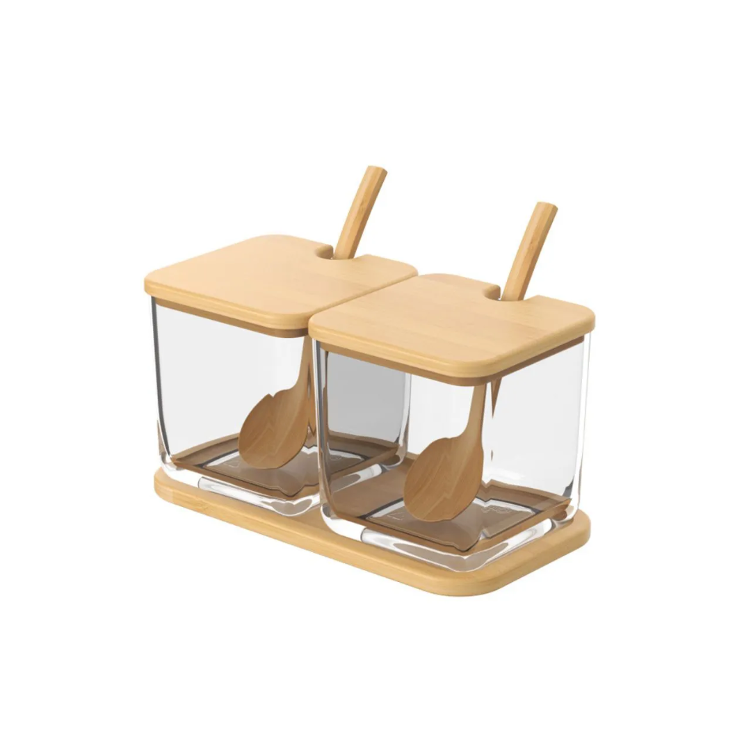 Porta Condimentos Açucareiro Duplo com Bandeja em Bambu Brisa 20cm