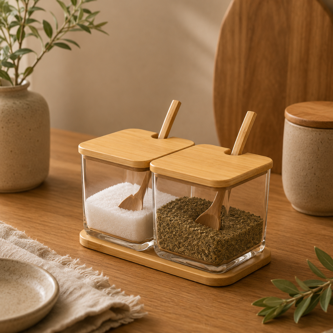 Porta Condimentos Açucareiro Duplo com Bandeja em Bambu Brisa 20cm