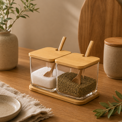 Porta Condimentos Açucareiro Duplo com Bandeja em Bambu Brisa 20cm