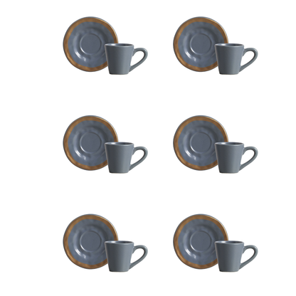 Jogo 6 Xicaras de Café com Pires Azul Filete Amassada 100ml