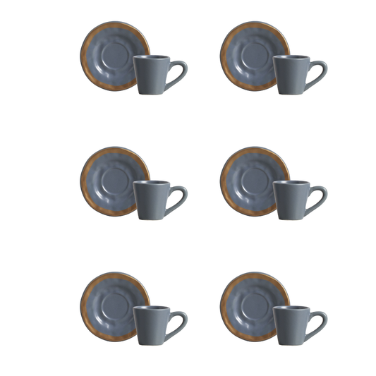 Jogo 6 Xicaras de Café com Pires Azul Filete Amassada 100ml