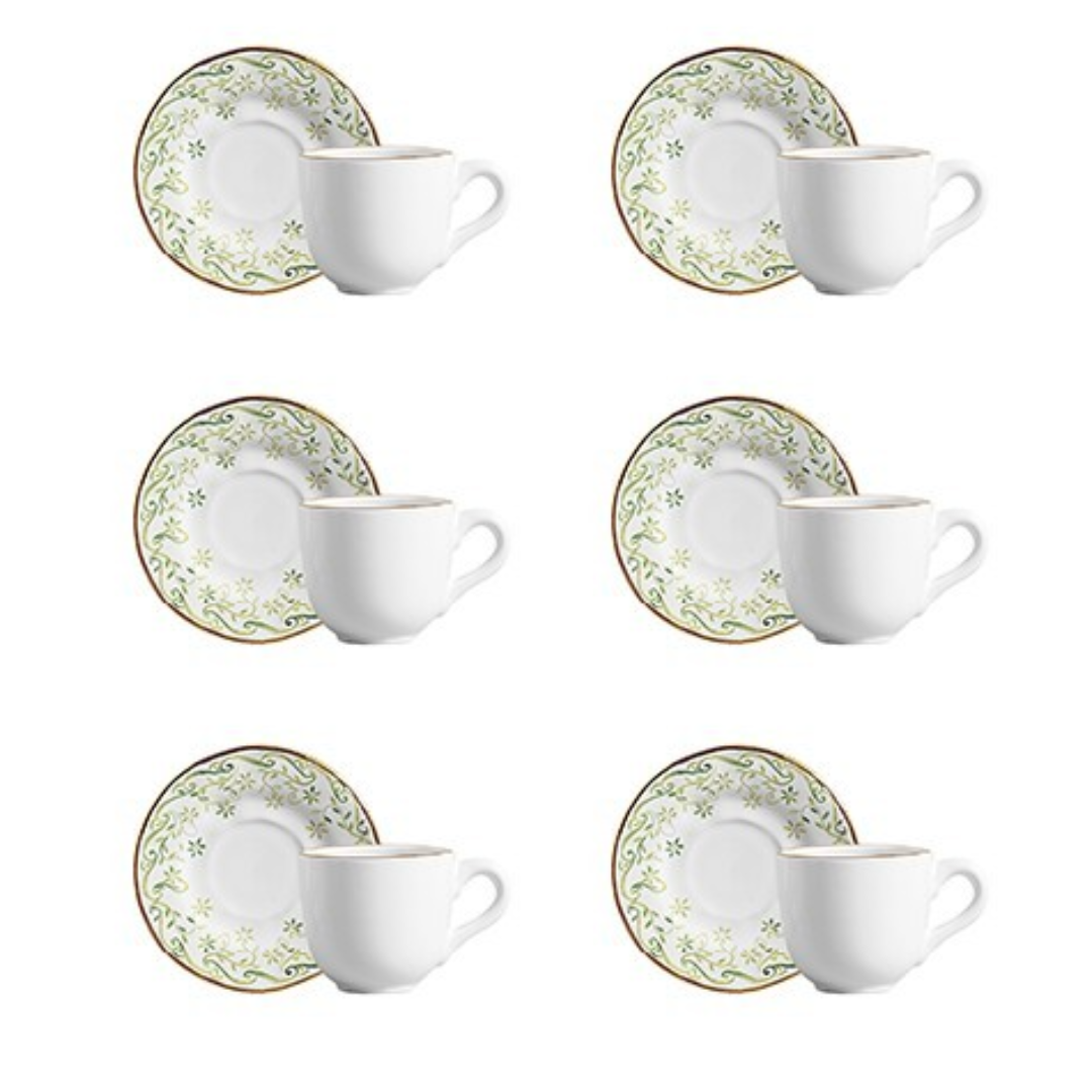 Jogo 6 Xicaras de Café com Pires Verde Arabesco 90ml