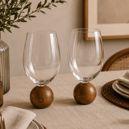 Jogo 2 Taças Base Esfera para Vinho Madeira Acacia e Cristal 520ml