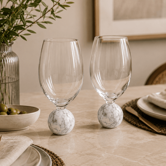 Jogo 2 Taças Base Esfera para Vinho Cristal e Marmore Branco 520ml