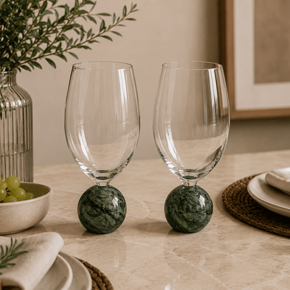 Jogo 2 Taças Base Esfera para Vinho Cristal e Marmore Verde 520ml